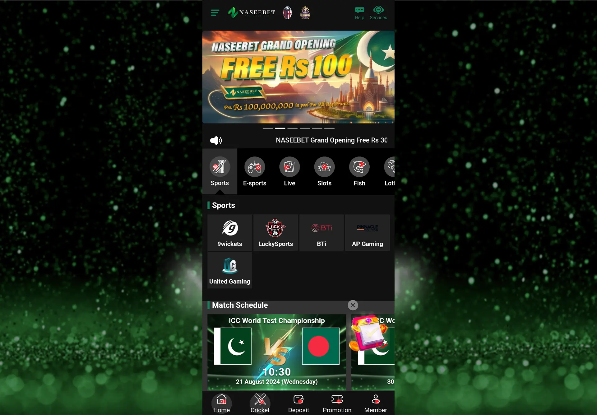 Screenshot of the Naseebet app home screen displaying a banner for the "Free Rs 100" grand opening offer. The interface shows various gaming categories such as sports, e-sports, live games, slots, fish, and lottery, along with the sports section featuring match schedules for the ICC World Test Championship. The navigation bar at the bottom includes options for home, cricket, deposit, promotion, and member features.