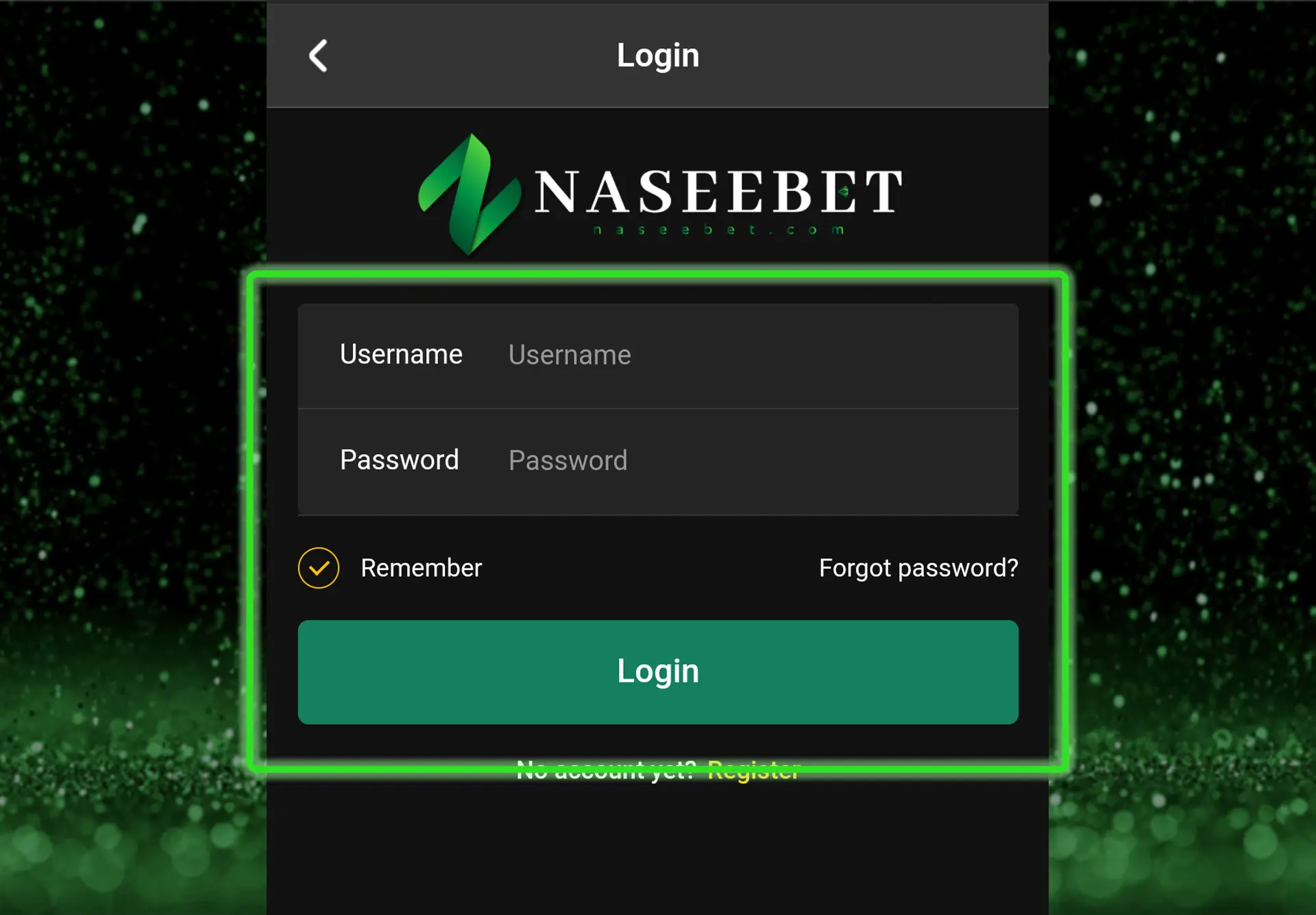 Screenshot of the Naseebet login screen, showing fields for entering username and password, with options to remember login details or recover a forgotten password. The "Login" button is highlighted at the bottom, and a link to register a new account is also visible.