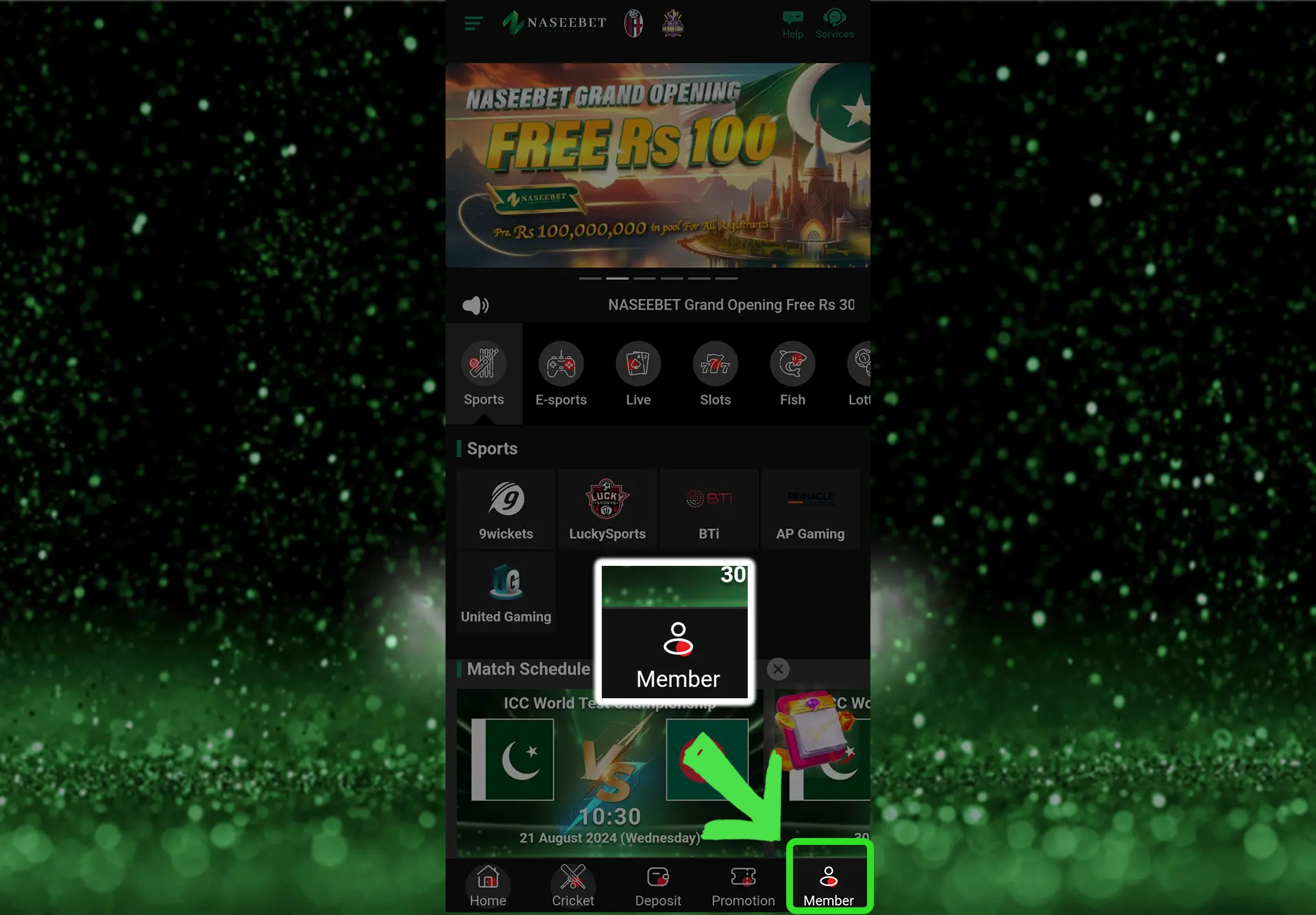 Screenshot of the Naseebet app home screen highlighting the "Member" section button at the bottom right corner. The screen also displays a promotional banner for "Free Rs 100" and various gaming categories like sports, e-sports, live games, and slots. The ICC World Test Championship match schedule is visible at the bottom of the screen.