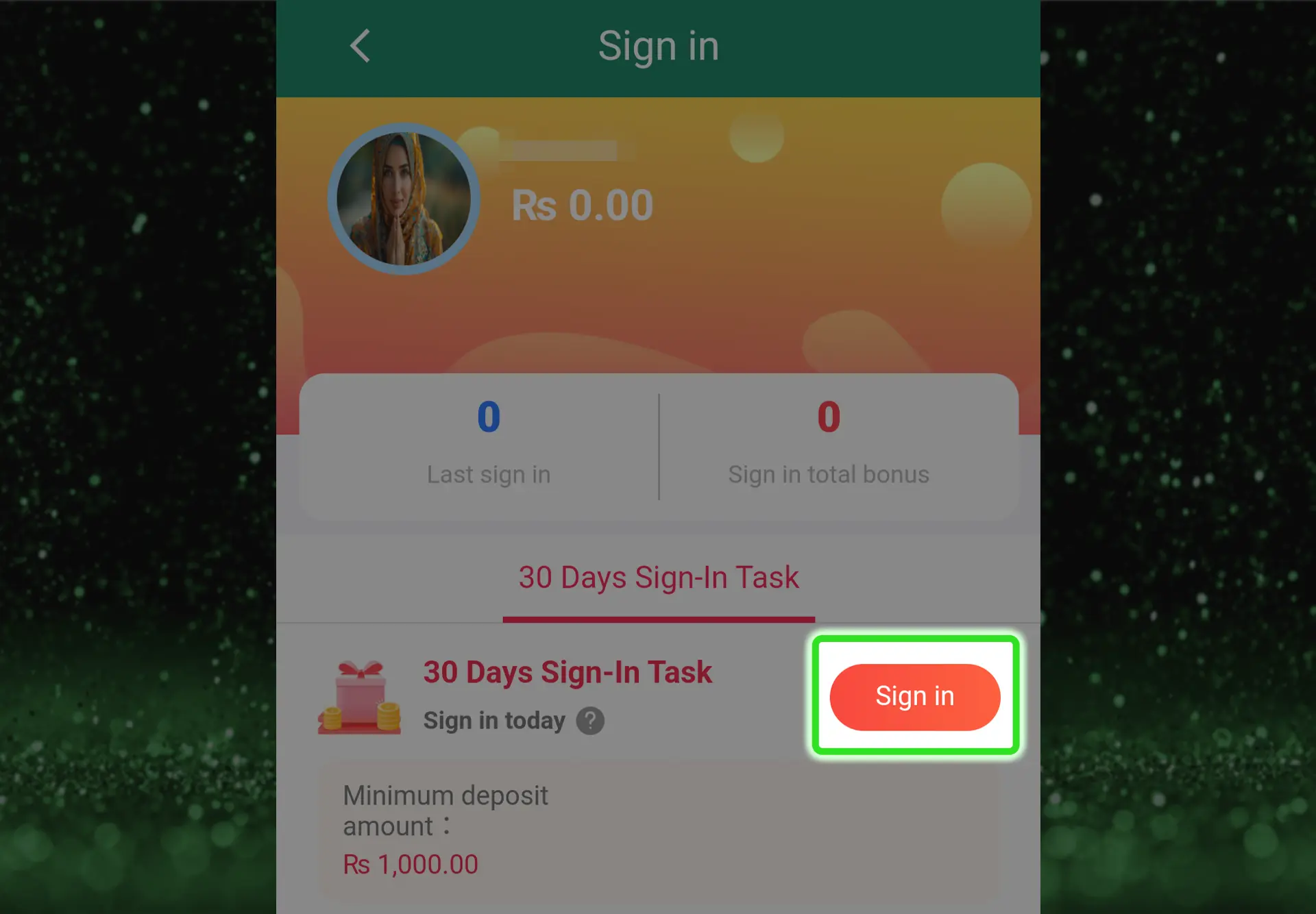 Screenshot of the Naseebet app's 30 Days Sign-In Task page. It shows a user's profile picture and balance of Rs 0.00, with no last sign-in or total bonus yet. The "Sign In" button is highlighted, encouraging users to participate in the daily sign-in task. A minimum deposit amount of Rs 1,000 is noted below.