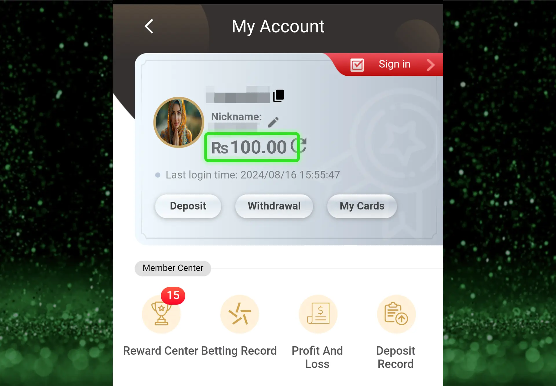 Screenshot of the Naseebet app's "My Account" page, displaying the user's profile picture, nickname, and a balance of Rs 100. The page includes options for deposit, withdrawal, and managing cards. The last login time is shown, and the lower section of the screen features icons for reward center, betting record, profit and loss, and deposit record.