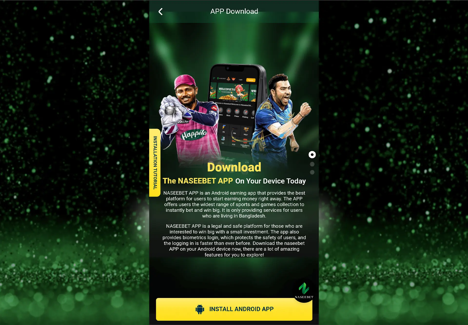 Screenshot of the Naseebet Android app download page featuring two cricketers and a mobile device displaying the app interface. The text promotes the benefits of using the Naseebet app, including the wide range of sports and games available for betting. A yellow button labeled "Install Android App" is visible at the bottom.