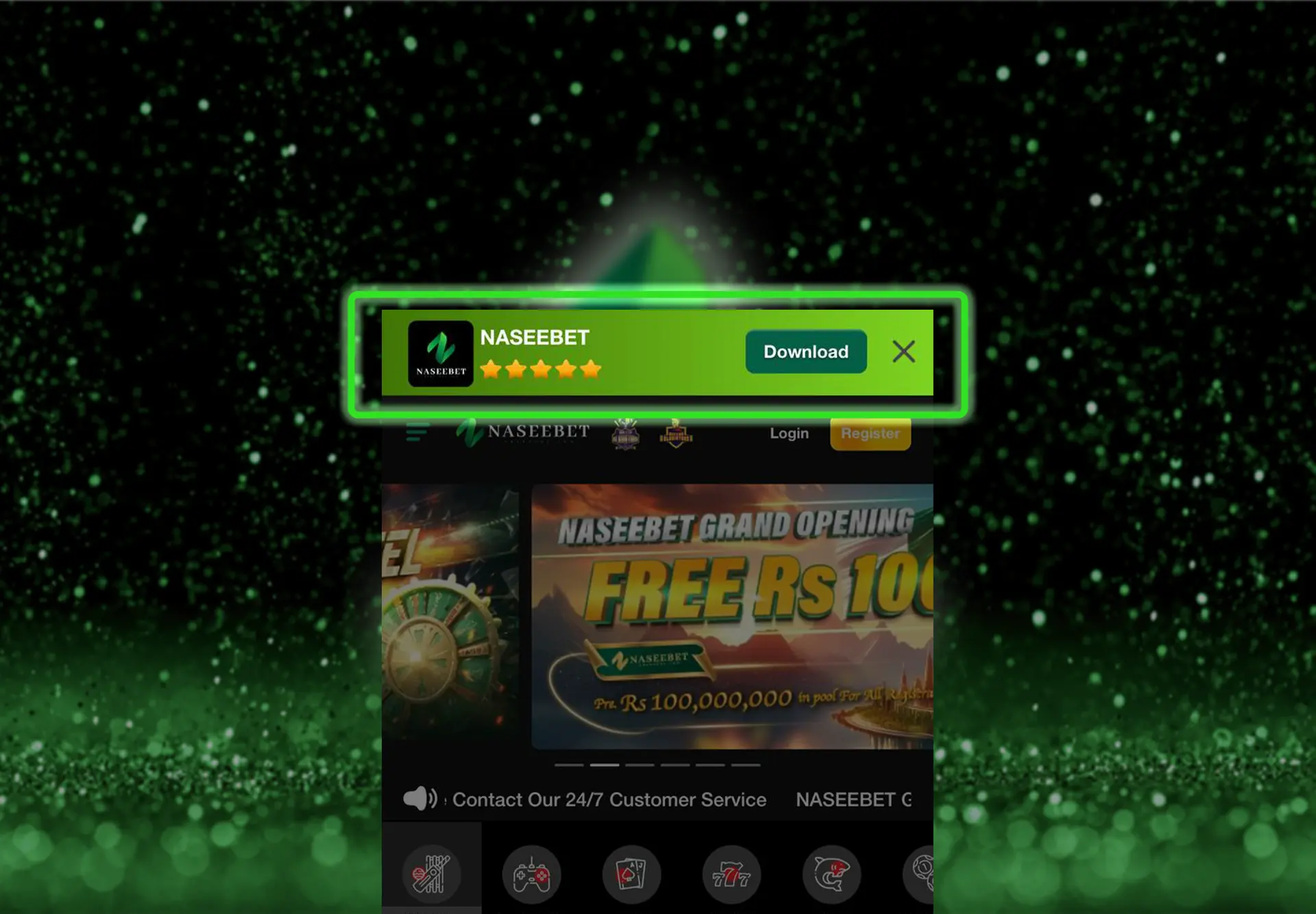 Screenshot showing the Naseebet download button highlighted in green with a five-star rating and a "Download" option on a dark background. The image promotes the easy and secure process of downloading the Naseebet app for mobile users.