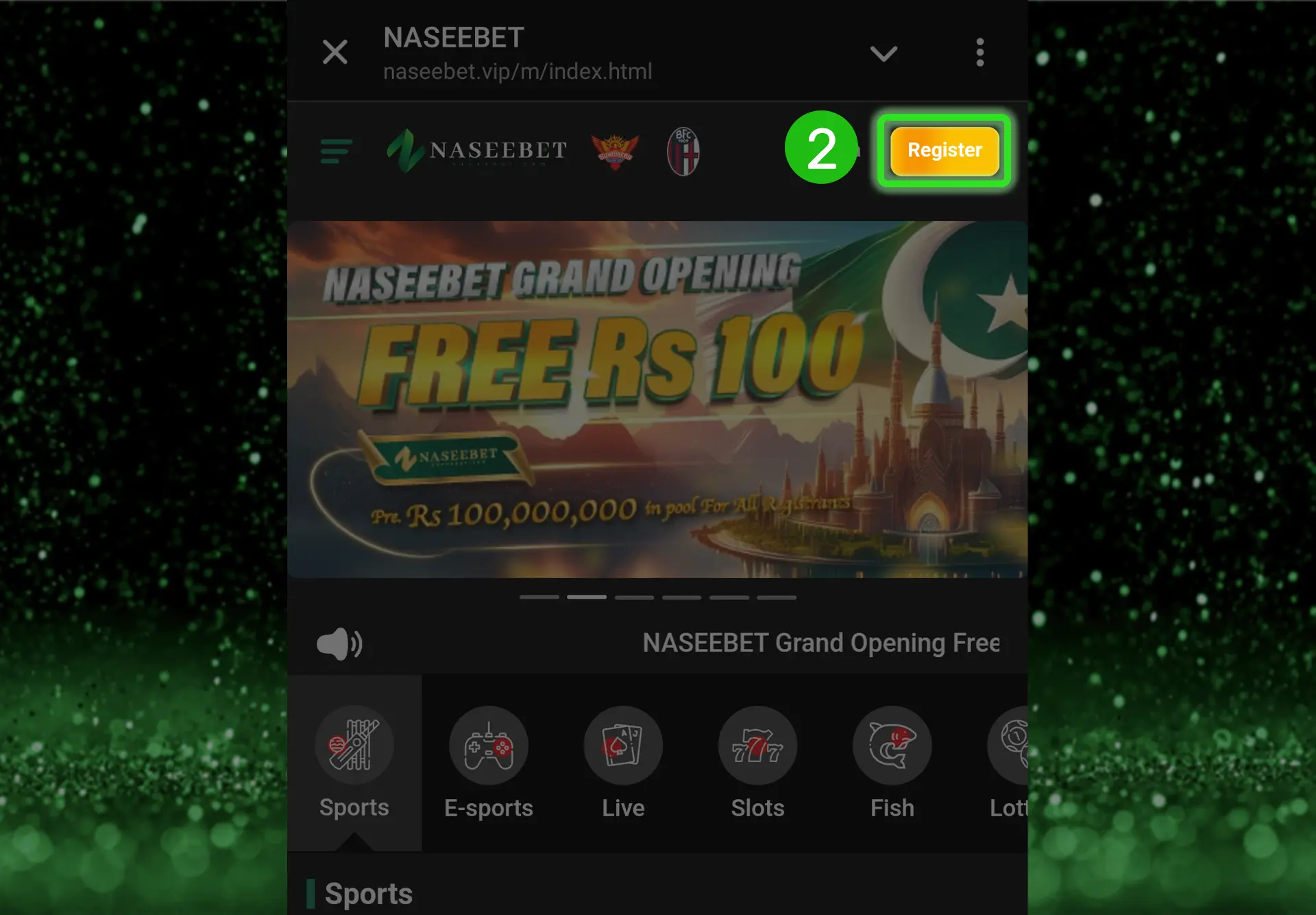 Screenshot showing the Naseebet register screen with a "Free Rs 100" bonus offer for new users, highlighting the "Register" button at the top right and various gaming categories such as sports, e-sports, live games, slots, and fish.