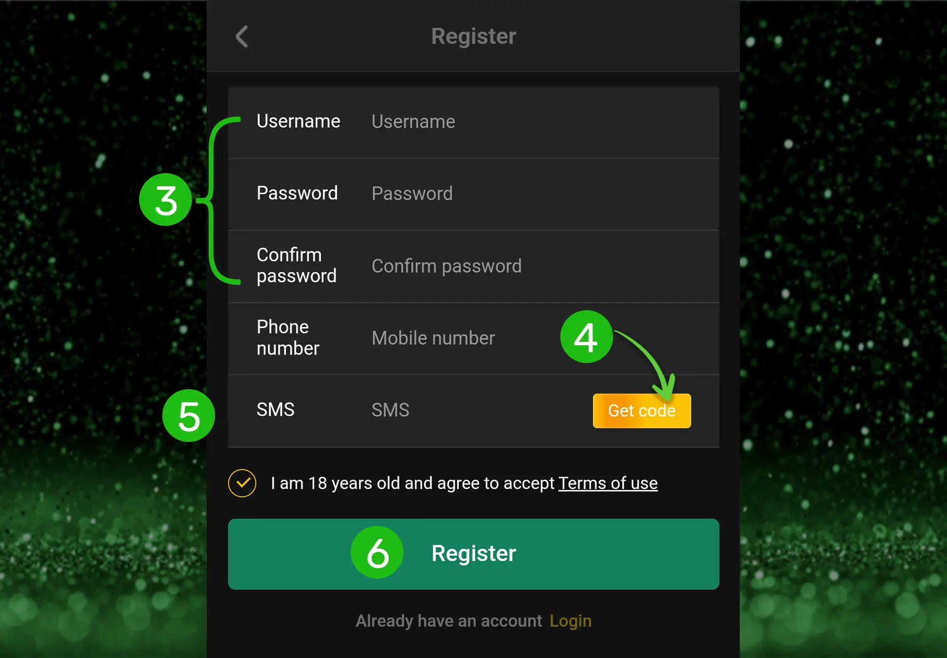 Screenshot of the Naseebet register form, showing fields for entering username, password, phone number, and SMS verification code, with steps labeled to guide users. The "Register" button is highlighted at the bottom of the screen.