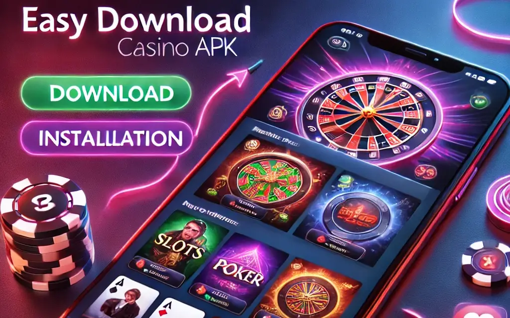 A smartphone screen displaying the Naseebet Casino APK interface with various casino games like slots, poker, and live dealer options. The background has neon lighting, highlighting the excitement of mobile gaming and the ease of playing on the go.