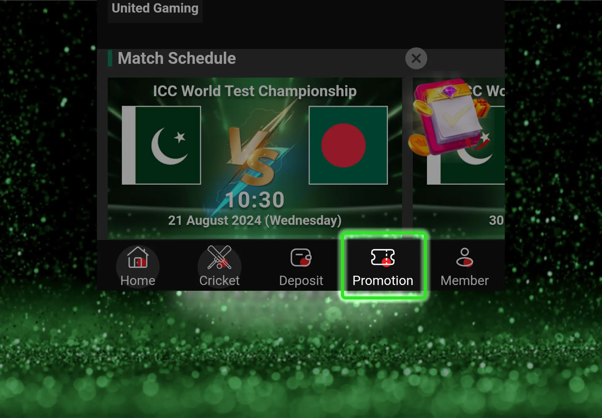 Screenshot of the "Naseebet promo" section highlighting a cricket match schedule between Pakistan and Bangladesh. The promotion tab is highlighted at the bottom of the screen, encouraging users to explore current promotions. The green background adds a vibrant and exciting feel to the online betting platform.