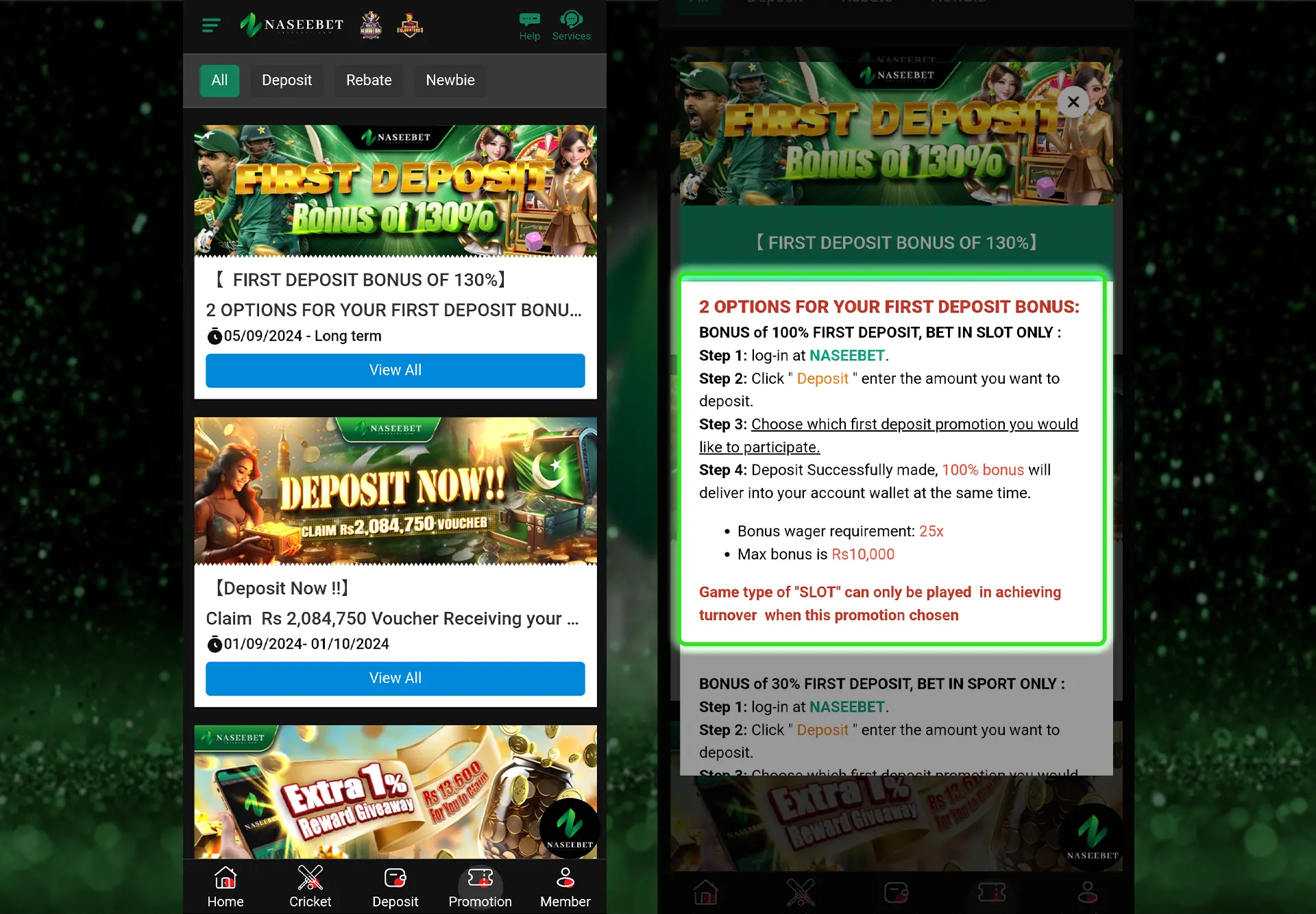 A screenshot showing the "Naseebet promo" for a first deposit bonus of 130%. The page provides detailed instructions for claiming the bonus, including steps for logging in, making a deposit, and selecting the promotion. The screen displays various promotional banners, including offers for deposit bonuses and reward giveaways, with a vibrant green background representing the brand's color theme.