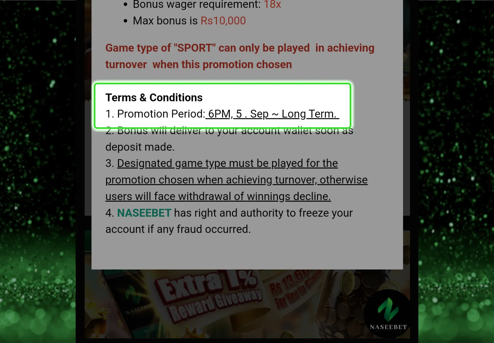 Screenshot showing the terms and conditions of the "Naseebet promo" for a deposit bonus. The promotion period is stated as starting from 6 PM on September 5th and is valid for the long term. Additional conditions for claiming the bonus and playing designated game types are outlined. The green background and highlighted text emphasize the importance of understanding the promotion rules.