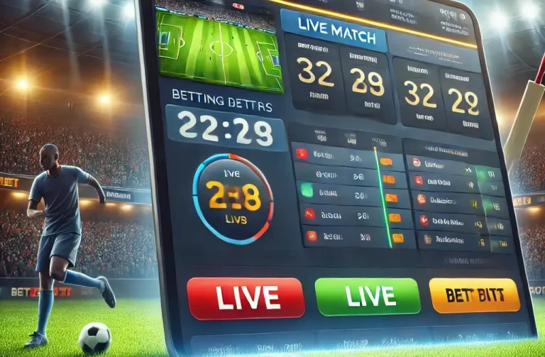 A sleek sports betting platform interface for Naseebet Betting, displaying live sports events such as football and cricket. The design includes betting odds, live match updates, and real-time betting options, set against a background of a football field, cricket pitch, and betting slips, capturing the excitement of sports betting.