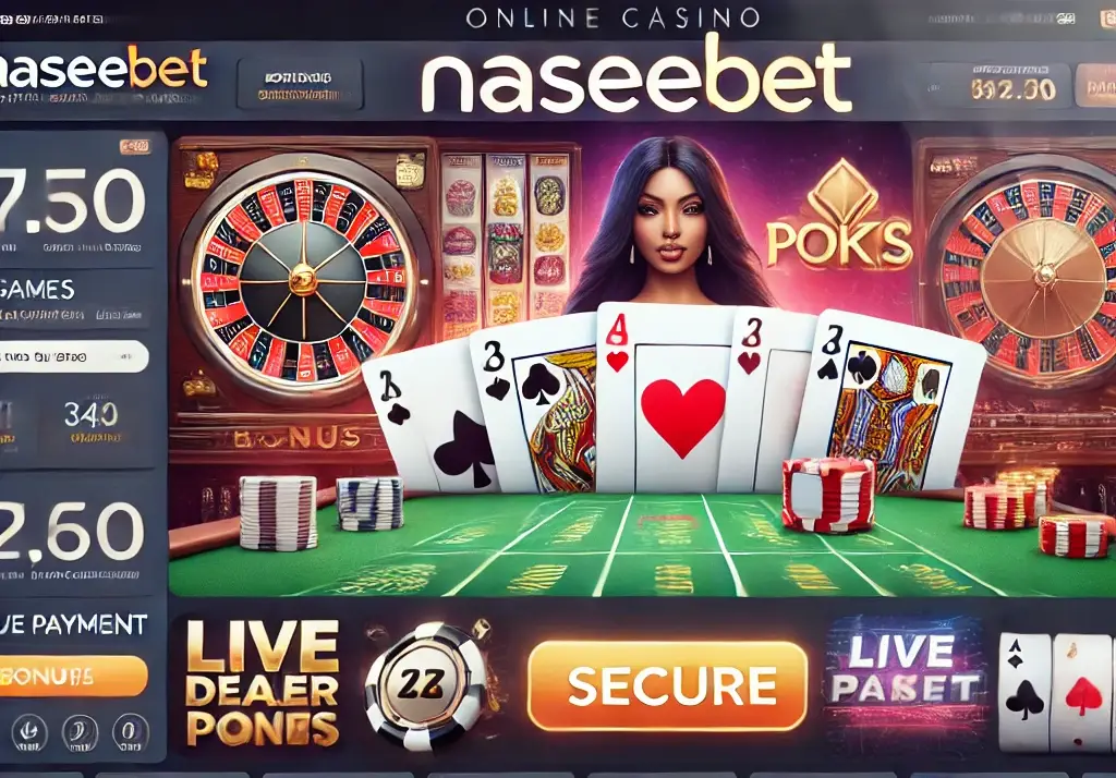 A sleek online casino interface for Naseebet, showcasing a wide selection of games such as slots, poker, and live dealer options. The screen features banners promoting attractive bonuses and rewards, along with secure payment icons, all set within a user-friendly design suitable for both casual and experienced players.